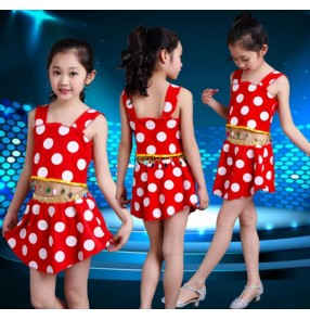 Red and white polka dot printed modern dance toddlers girls kids child school play show modern dance stage performance t show jazz dance outfits costumes